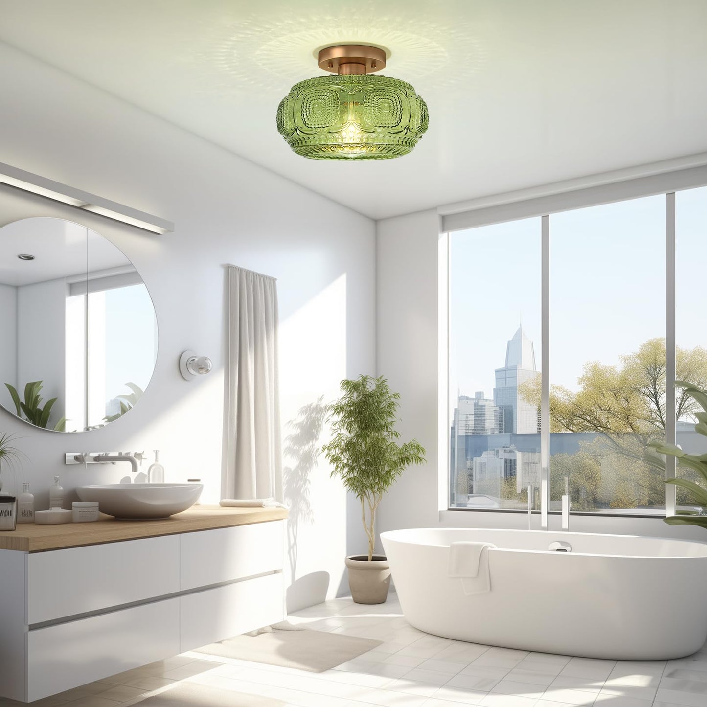 OYKYOHEI Semi Flush Mount Ceiling Light, Green Glass, 11.03 inch, Model 3022C, Vintage Design for Hallway, Kitchen, Bedroom, Dining Room
