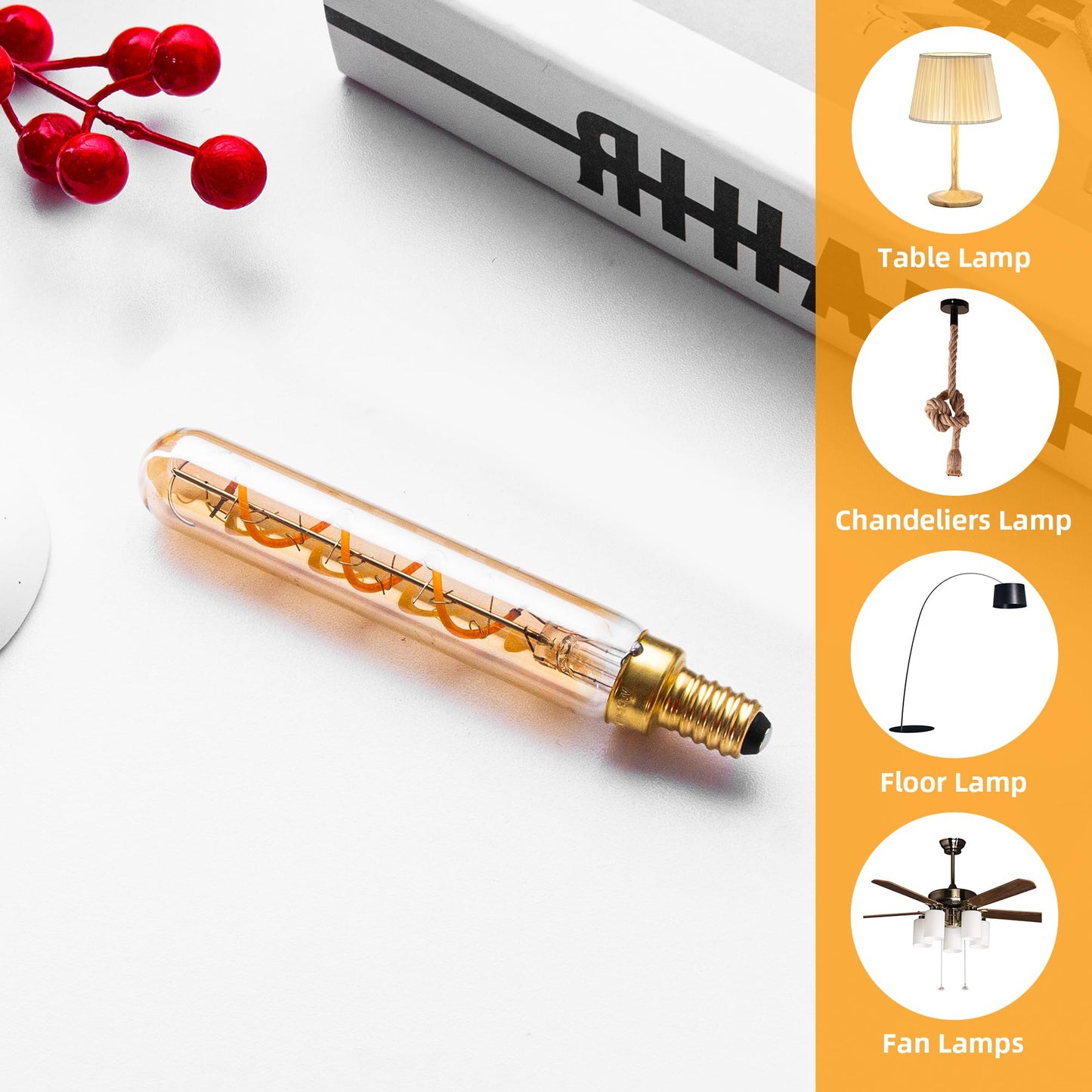 Grensk E12 Candelabra Tubular Led Light Bulbs T20 3W Edison Chandelier Light Bulb Equivalent To 25W 2200K Warm Light Amber Vintage Filament Bulb For Home Or Commercial Lighting Non-Dimmable 6Pcs