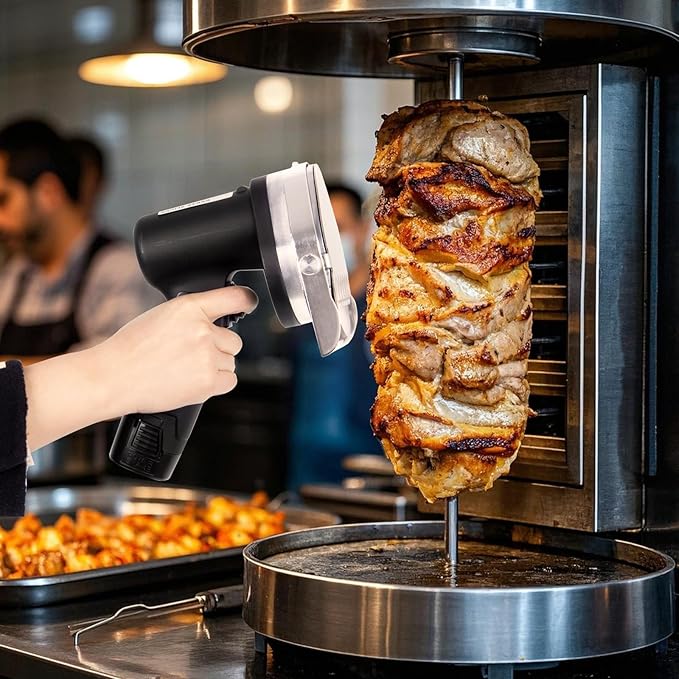 Electric Kebab Knife 80W Commercial Shawarma Turkish Knife Slicer Gyro Cutter 2800 RPM with 2 Blades Adjustable Thickness 0-8mm（Batteries，Flat）