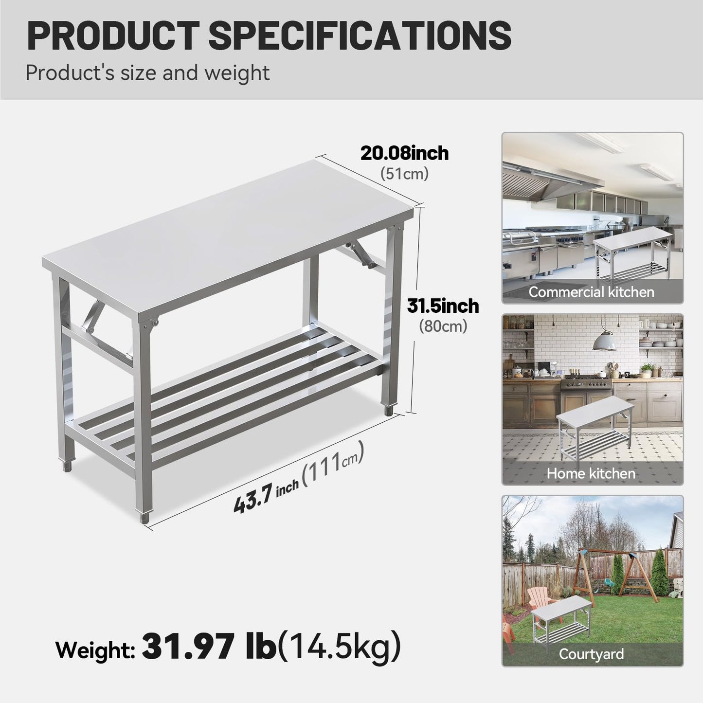 PurezmMoto Folding Stainless Steel Table with Adjustable Table Corners and Lower Removable Shelf 20X45 Inches for Outdoor Camping, Maintenance Room, Storage, Kitchen (with undershelf)