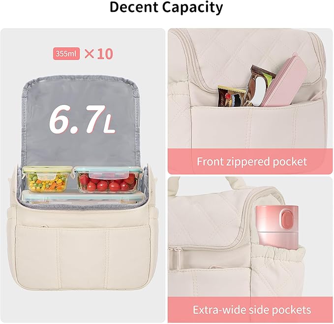 Insulated Lunch Bags, Cute Quilted Lunch Box for Women, Lightweight Puffy Padded Waterproof Lunch Tote, Reusable Lunch Cooler for Work Picnic Travel