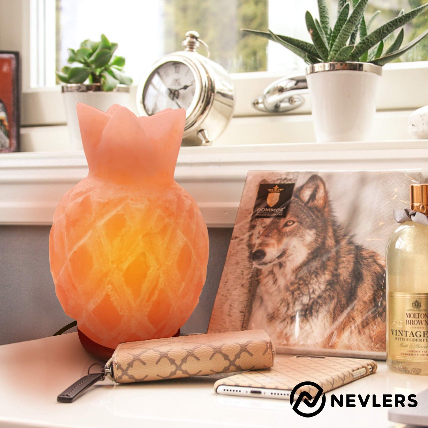 Nevlers Himalayan Pink Salt Lamp, Pineapple Shape, 7-8 lbs, 7in-8in Tall, Dimmer Cord, Wood Base, Ambient Decor, Model NDPINAPP36