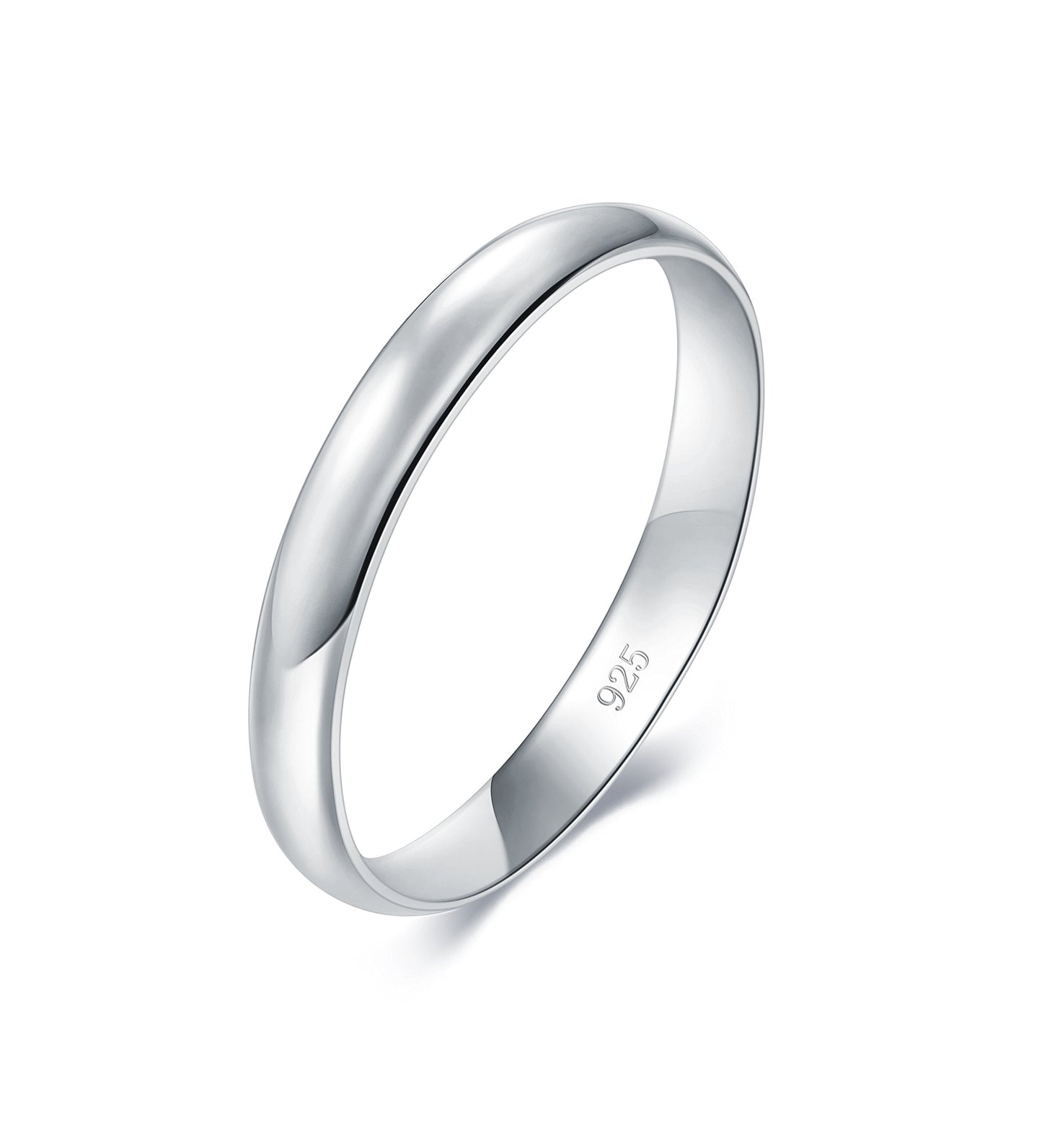 BORUO 925 Sterling Silver Ring High Polish Plain Dome Tarnish Resistant Comfort Fit Wedding Band 3mm Ring Size 7.5