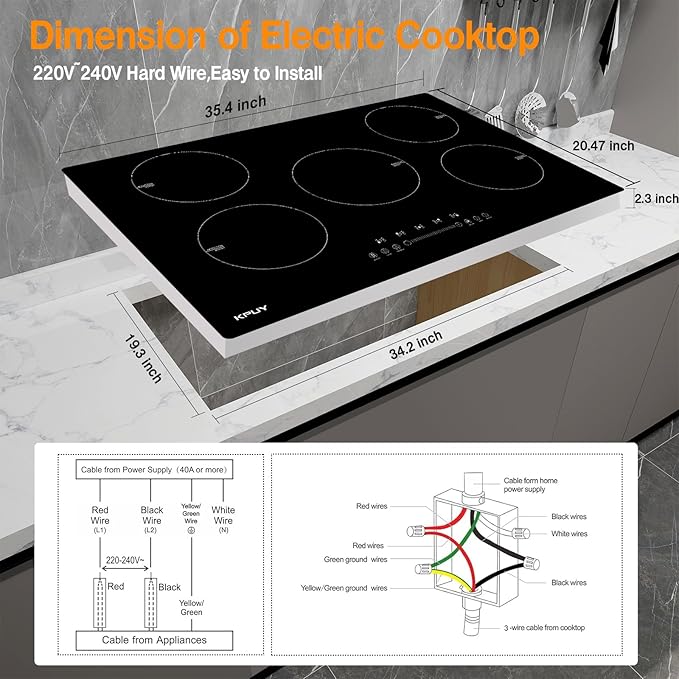 KPUY Induction Cooktop 36 Inch with 5 Burner, Electric Burner 220-240V, 7400W Electric cooktop with Keep Warm Function& Timer, 9 Power Levels, 36'' Induction Cooktop Hard Wire(No Plug)