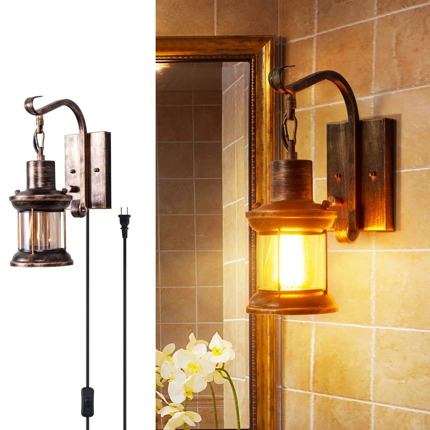 Yisuro Rustic Wall Light Fixture, Antique Bronze, 2-in-1 Installation, Metal, T-THBDDC1010, 1 Pack