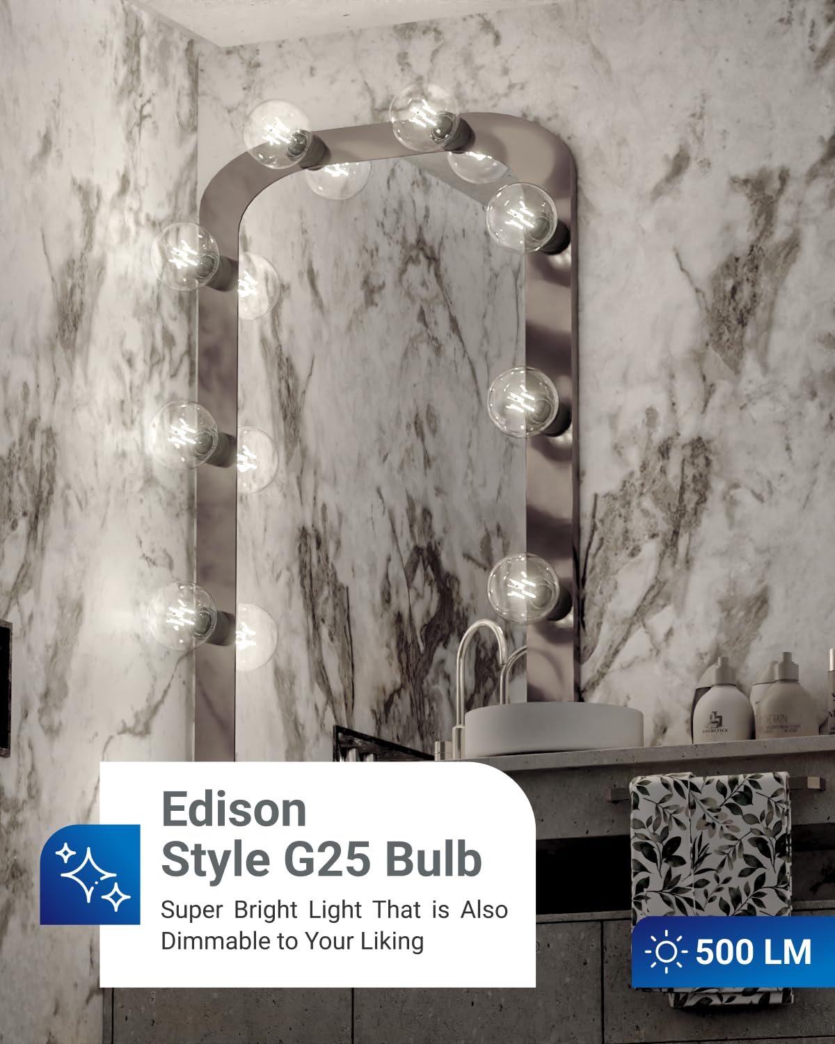 Sunco 10 Pack G25 LED Light Bulbs, Filament Edison Globe, Vanity Lighting Bulb for Bathroom Bedroom, 500 LM, 5W (60W Equivalent), 4000K Cool White, Dimmable, E26 Base, Clear UL.