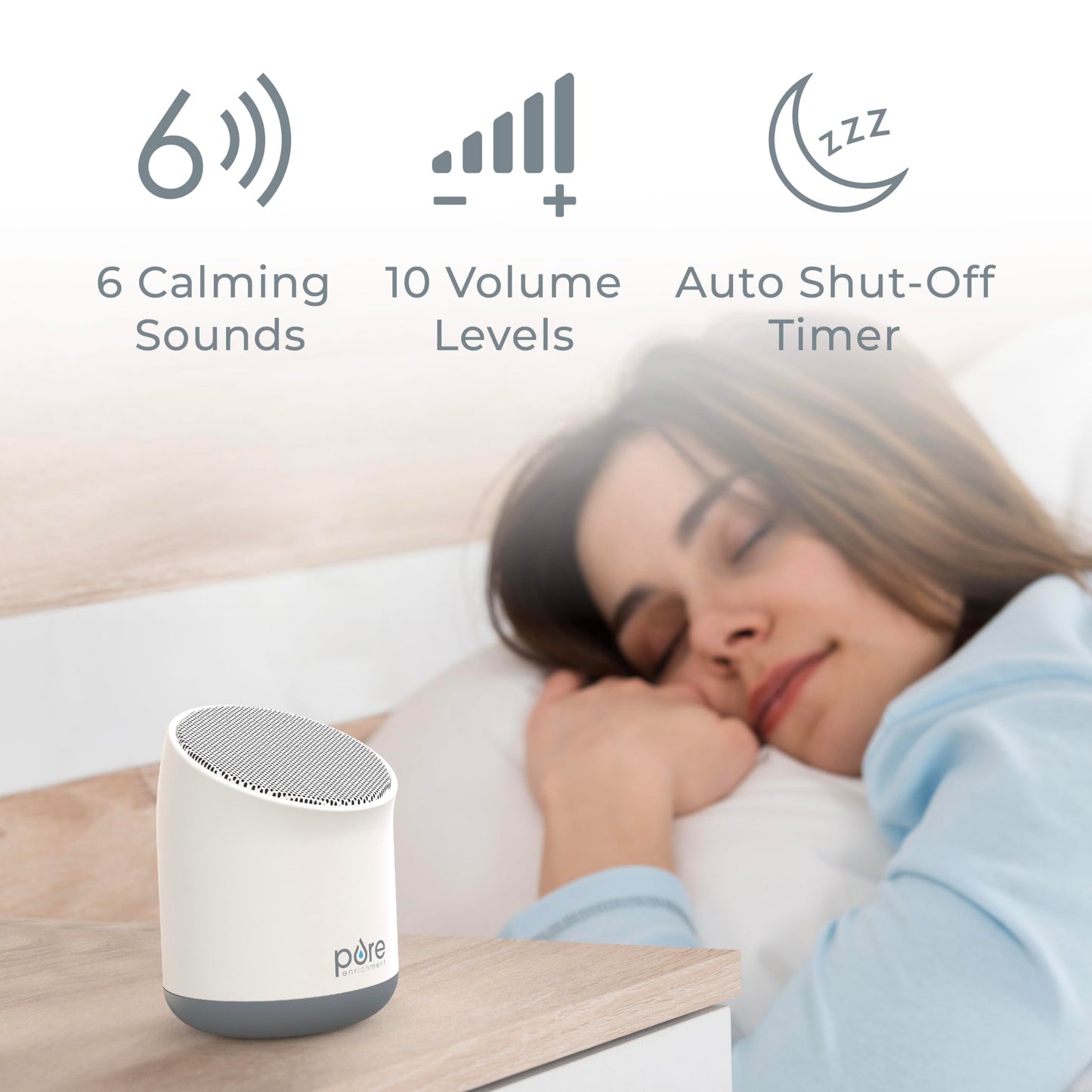 Pure Enrichment Wave Mini Travel Sound Machine - 6 Soothing Sounds Including White Noise, Seamless Loop Audio, Rechargeable Battery, 48 Hour Run Time, Optional Timer, and Storage Bag