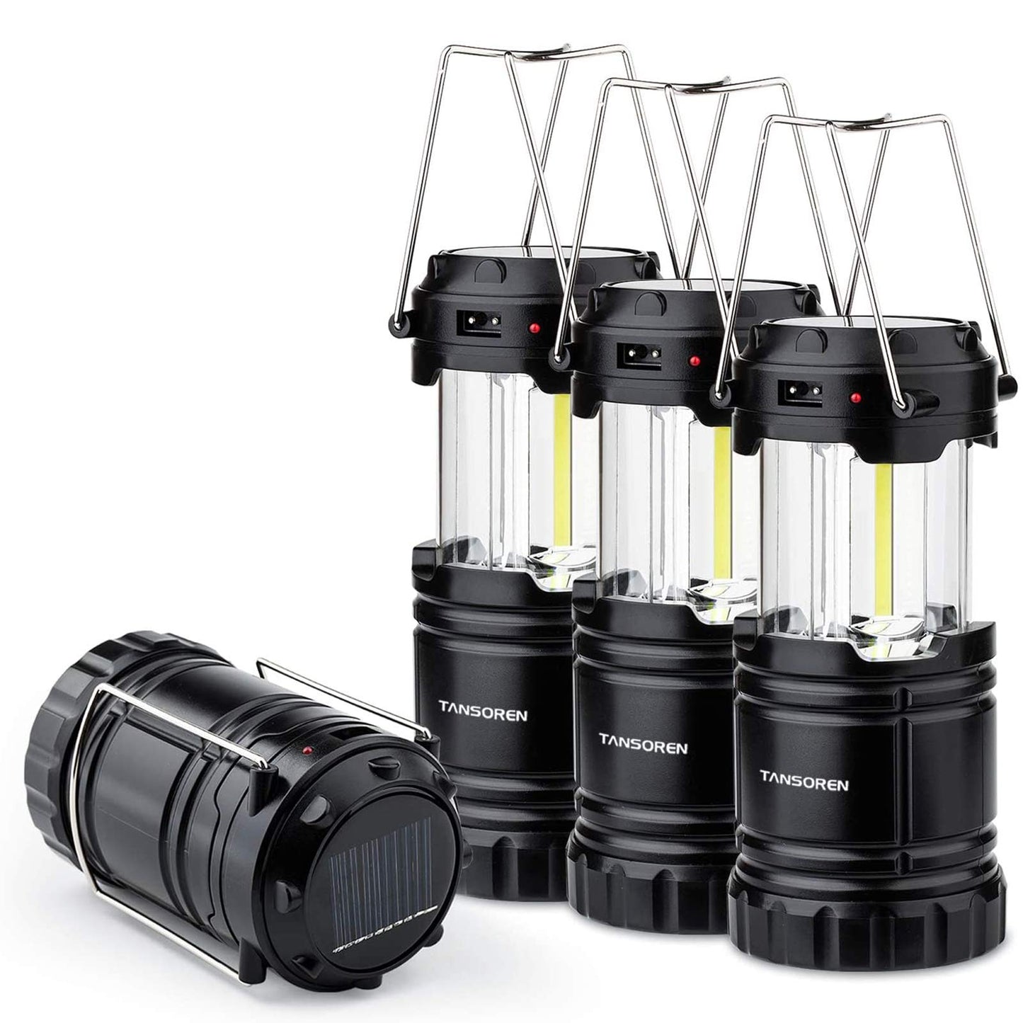 TANSOREN 4 Pack Solar USB Rechargeable COB LED Camping Lantern, Magnetic Base, Waterproof, Black, Model: model-d-64