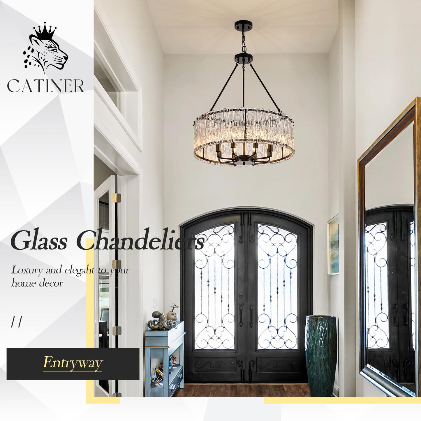 Modern Drum Chandelier 24.4 Black Crystal Glass Chandeliers 8-Light stylish Ceiling Pendant Lighting Fixture For Dining Room Foyer Living Room Bedroom
