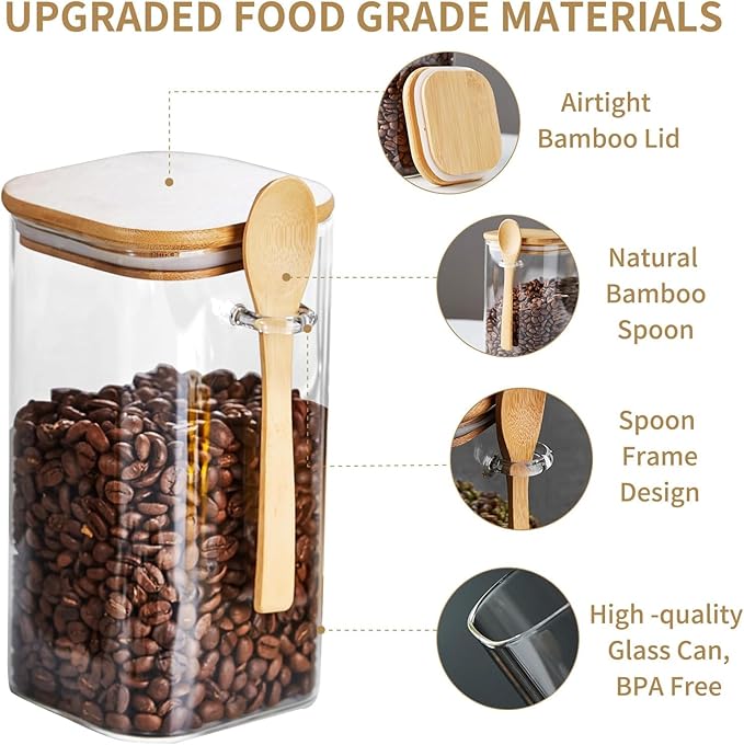 Unbreakable - Glass Jars with Airtight Bamboo Lid and Spoon, 4Pcs 39OZ Overnight Oats Containers, Kitchen Canisters, Glass Food Storage Containers for Coffee Beans, Flour, Sugar, Cookie,Pasta