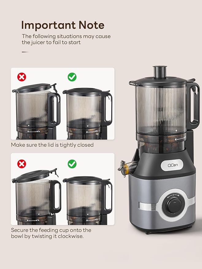 QCen Cold Press Juicer, 5.5” Wide Feed Chute Slow Masticating Juicer Machine for Whole Fruits and Vegetables, Easy to Clean (Gray)