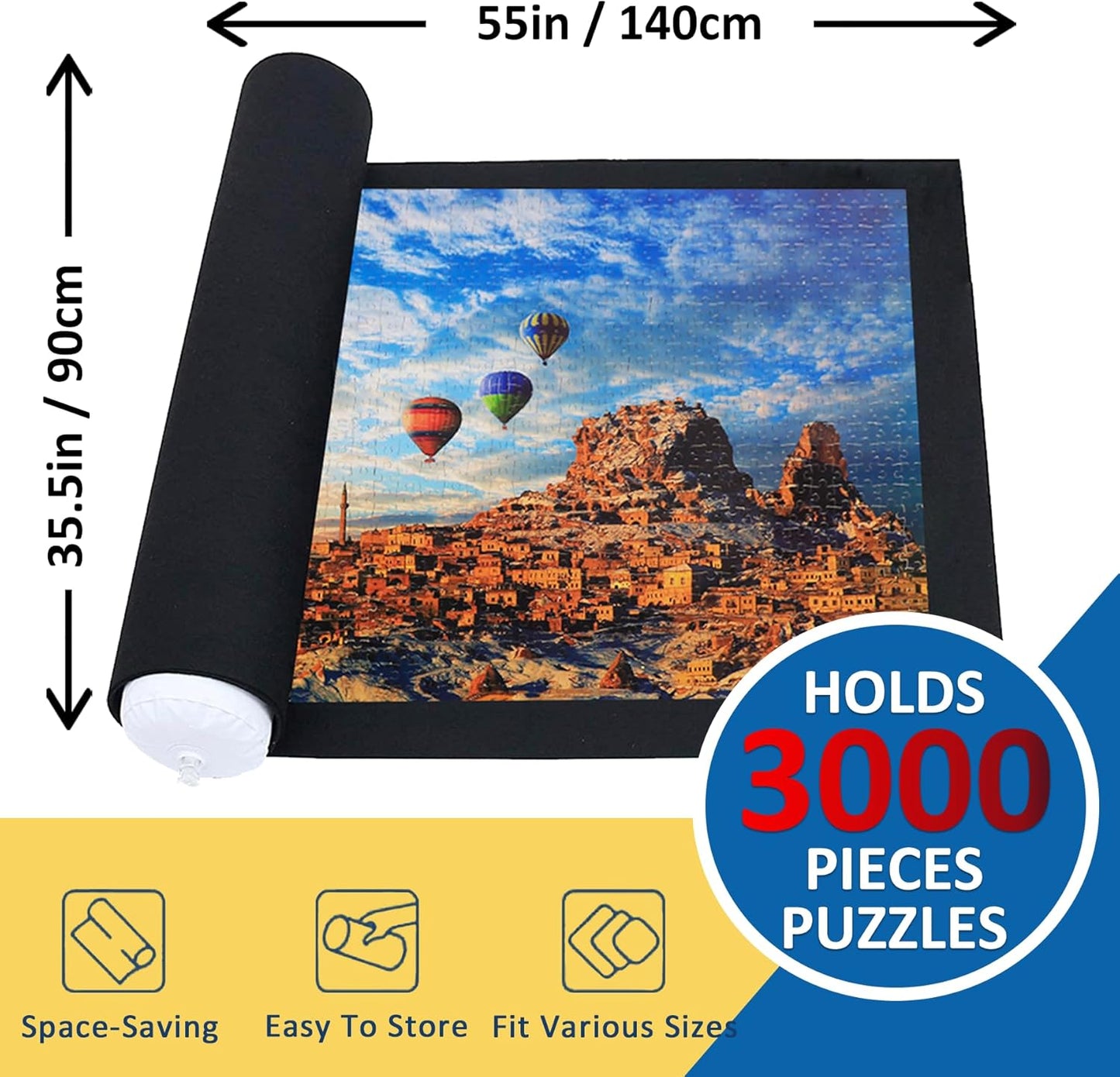 Puzzle Mat Roll Up for 3000 2000 1500 Pieces Jigsaw Puzzles, Large Portable Pad Table Non-Slip Board Saver Mats with 6 Sorting Trays, Inflatable Tube, 3 Straps, Keeper Storage Bag, Adults Gifts