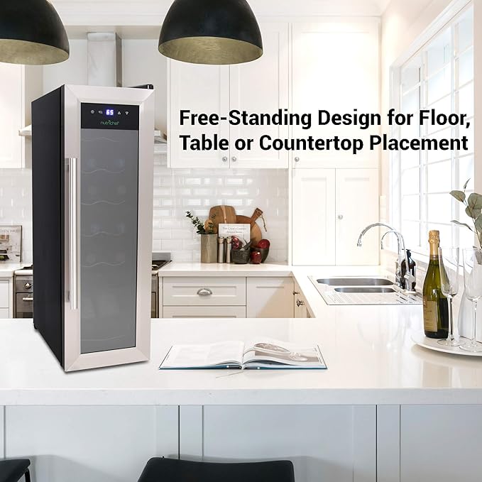Nutrichef 12 Bottle Stainless Steel Slim Wine Fridge | Red & White Wine Chiller | Adjustable Temperature Control, Ultra Quiet Operation & Energy Efficient | Mini Wine Cooler Refrigerator | 31x10x17 IN