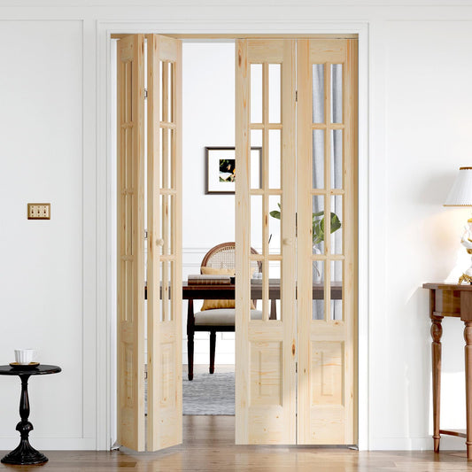 Roymelo Bifold Doors for 48"×80" (Four 12x80) Opening, Clear Glass French Interior Folding Barn Door with Concealed Hardware Kit Included, Spruce Wood Support DIY Dyeing, Preassembled Door, Save Space