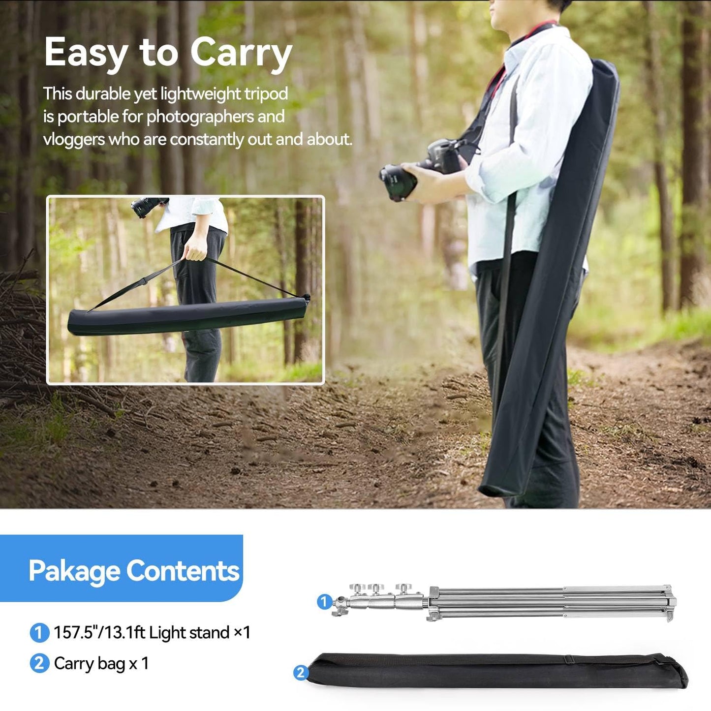 Heavy Duty Light Stand Photography 13.1ft/157", Stainless Steel Photography Light Stand Tripod with Spring Cushioned,1/4" 3/8" Universal Screw, Fit for Strobe,Video Light, Softbox, Reflective Umbrella