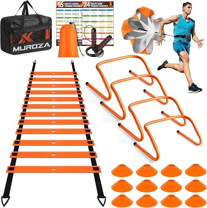 MUROZA Agility Ladder, Agility Speed Training Equipment Set, 20ft Speed Ladder, 12 Soccer Cones, 4 Hurdles, Jump Rope, Run...