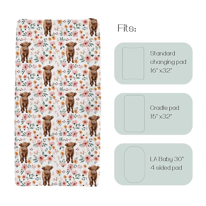 HawSkgFub Highland Cow Boho Floral Changing Pad Cover for Baby Girls, Western Farm Animal Retro Flower Diaper Change Table Covers, Soft Stretchy Safe Snug Fitted Changing Mat Sheet Fit 32"/34" x 16"