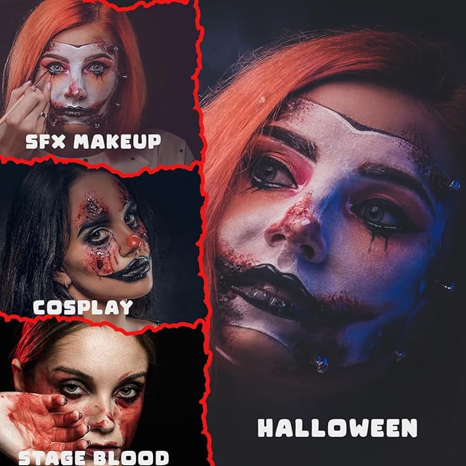 Bowitzki Halloween Makeup Set Special Effects Kit Cream Face Paint Water Based Liquid Latex Fake Blood Brush Sponges Body Painting SFX Zombie Vampire Monster Christmas Party (With Scar Wax)