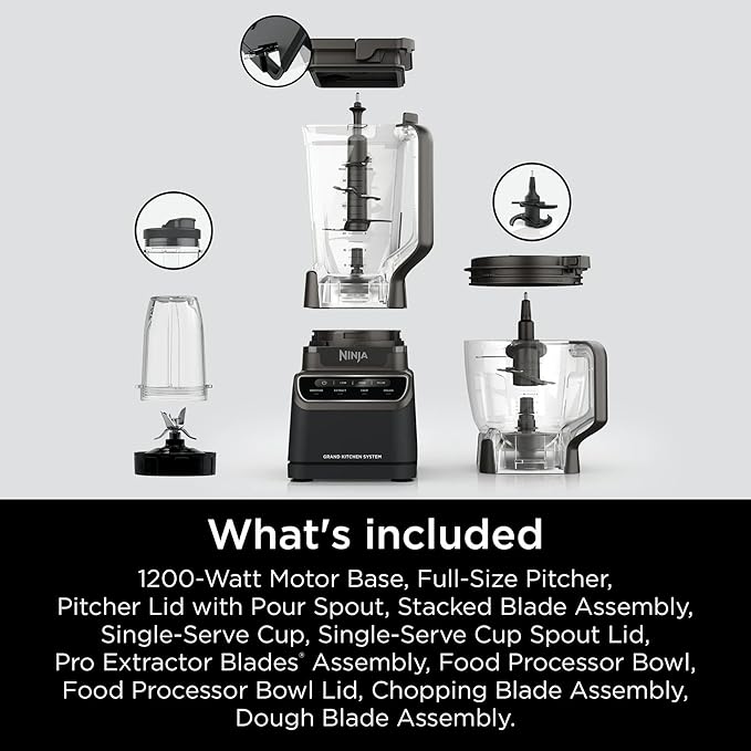 Ninja Grand Kitchen System KS500, 1200-Watt Blender & Food Processor Combo, 72oz Pitcher, 8-Cup Processor Bowl, 18oz To-Go Cup, 4 Preset Programs for Smoothies, Extract, Dough & Chop, Black