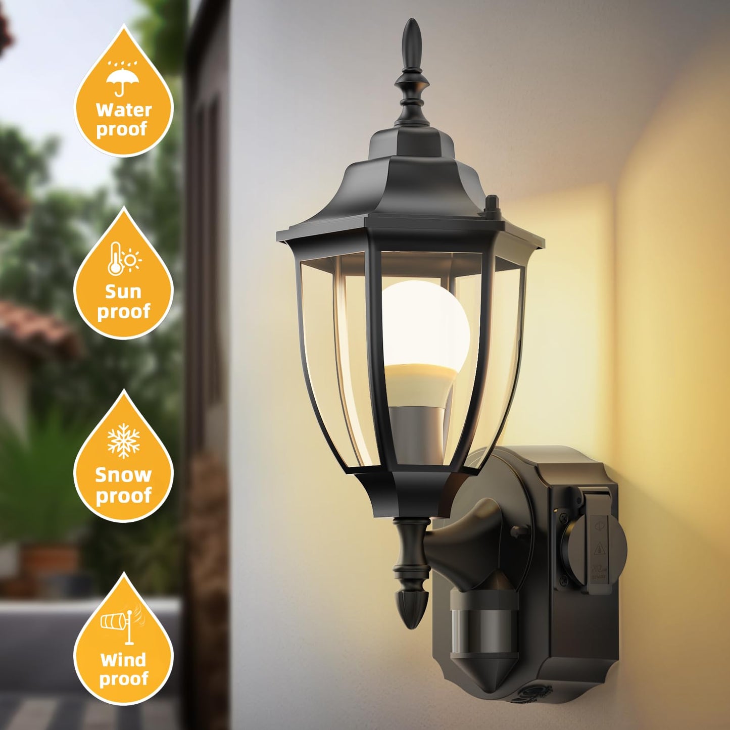 Lamomo Porch Lights Outdoor with Outlet, Motion Sensor, Waterproof Aluminum, 2 Pack, Black