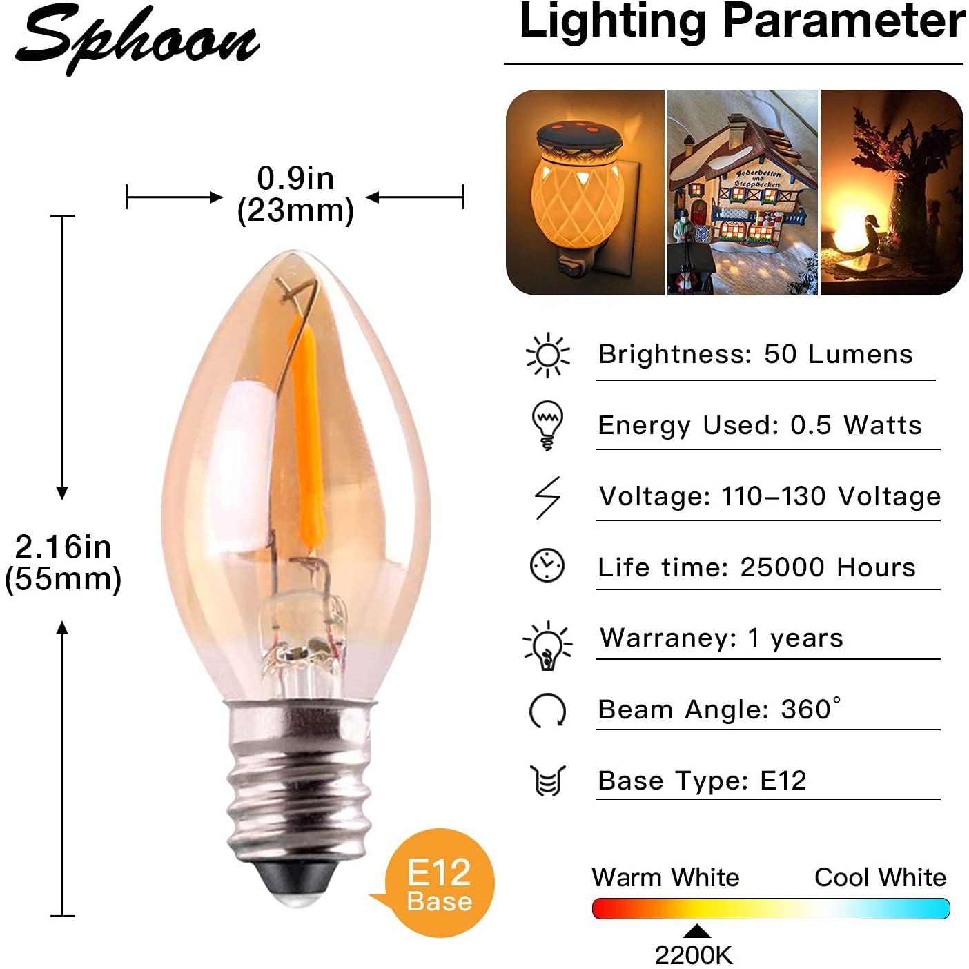 Sphoon LED Filament Bulb, E12 Candle Base, 0.5W, 25 Pack, Ultra Warm White 2200K, Amber Glass
