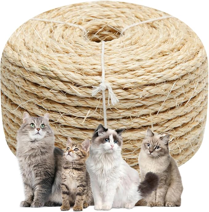 Natural Sisal Rope 1/4 Inch by 49-Feet for Cat Scratching Post Tree Tower Replacement Repair and Replace, DIY Hemp Twine R...