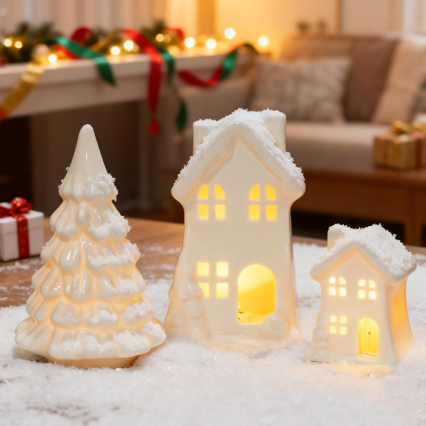 Nerosun Ceramic Christmas Village Houses  3Pcs Led Lighted Porcelain White Small House And Xmas Tree Tabletop Figurines  Light Up Christmas Decorations For Home Shelf Cabinet Table Winter Decor