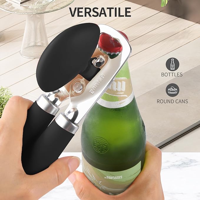 Can Opener Manual, Heavy Duty Stainless Steel Smooth Edge Can Opener With Soft Touch Handle, Oversized Handheld Easy Turn Knob, Multi-Function Bottle Opener, Black