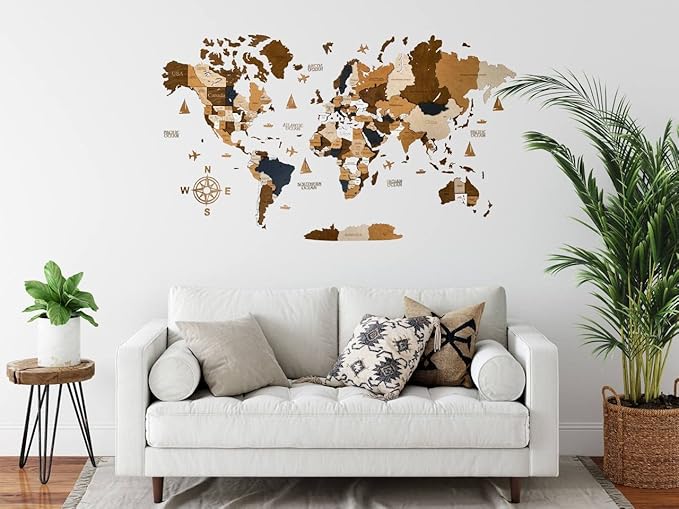 Wooden World Map 3D Art Large Wall Decor - Size (M, L, XL) Any Occasion Gift Idea - Wall Art For Home, Kitchen or Office