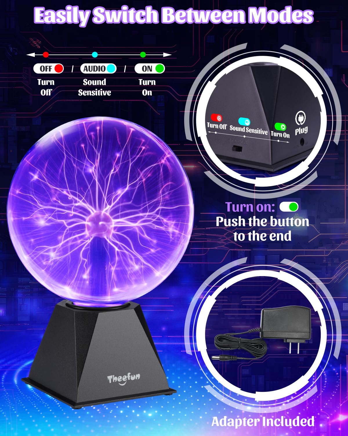 Theefun Plasma Ball  8 Inch Plasma Globe Touch & Sound Sensitive Ball Lamp Electric Lightning Novelty Light For Parties  Home  Prop  Room Decoration  Christmas Gifts  Purple