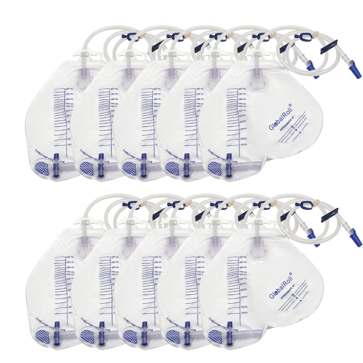 GlobalRoll Urinary Drainage Bag with Anti-Reflux Chamber, Urine Bag with 2000 mL Volume, 48" Drainage Tube, Clips and Hanging Hook, Professional Urinary Bag for Home and Hospitals Health Aids,10 Pack