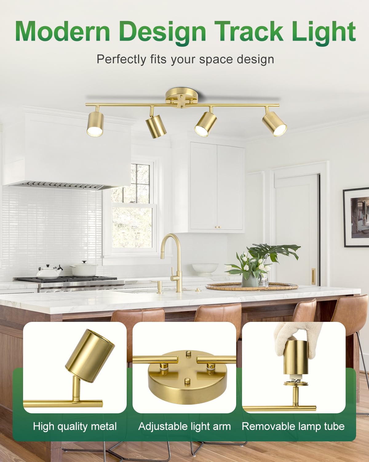 Fondiiz 4 Ways Track Lighting  Rotatable Heads Tracks Light  Track Lightings Fixtures Ceiling With Foldable Arms  Brushed Gold Tracks Light For Kitchen  Living Room  Hallway(Bulbs Not Included)
