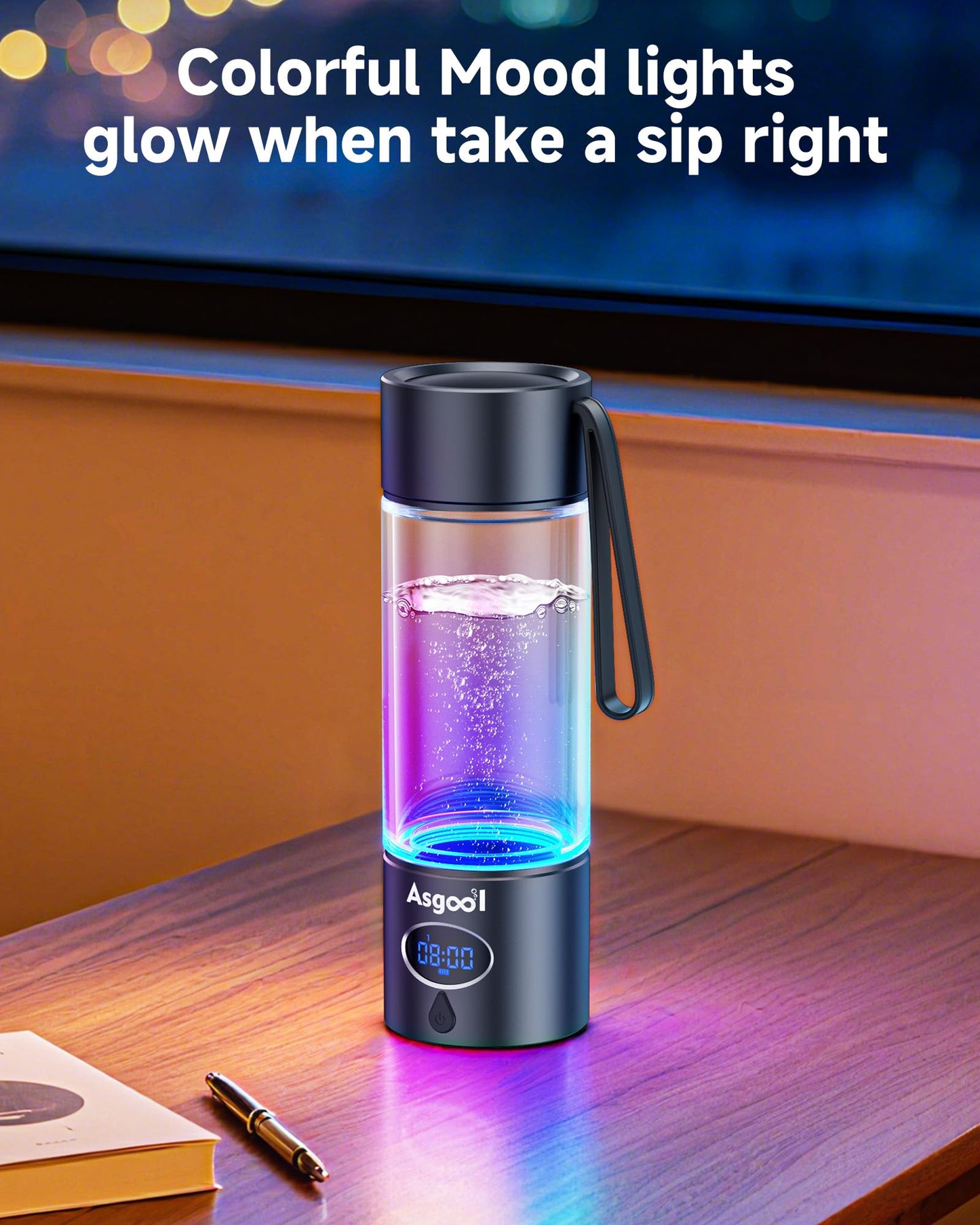 Hydrogen Water Bottle - 5000 PPB in 8 Minutes, Cyclic Mode for 8 Hours, Self Clean, Aluminum & Glass, 360ml Capacity, for Travel, Sports, Office, Home (Black)