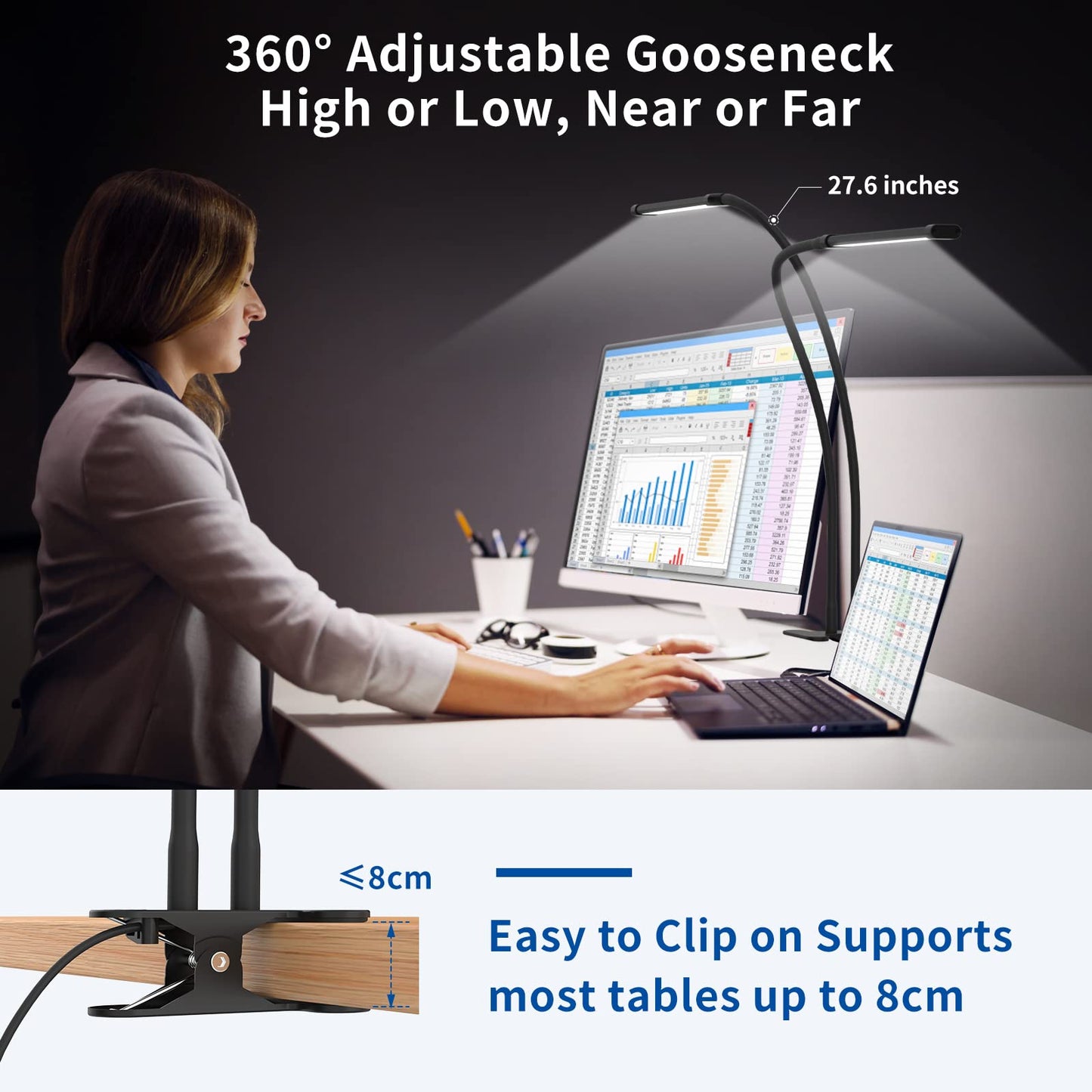 iZELL Desk Lamp, LED Tube, Flexible Gooseneck, Clamp, Black, Model TBL722-BK