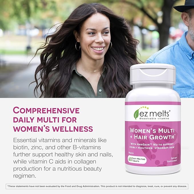 EZ Melts Dissolvable Women’s Multivitamin + Hair Growth with Biotin, Bamboo Extract & Clinically Studied AnaGain Nu, Supports Visibly Healthier, Stronger Hair, Sugar-Free Peach Flavor, 1-Month