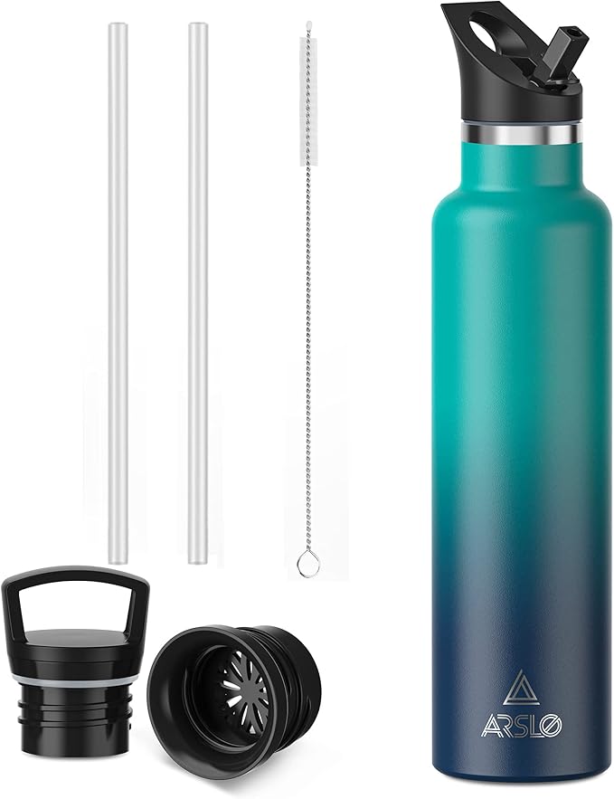Stainless Steel Water Bottle with Straw - Insulated Water Bottle for Sports, Gym, School, Commute, Adults/Kids - Keep Cold for up to 24 Hours - Sweat/Leak-proof - 2 Lids - BPA Free