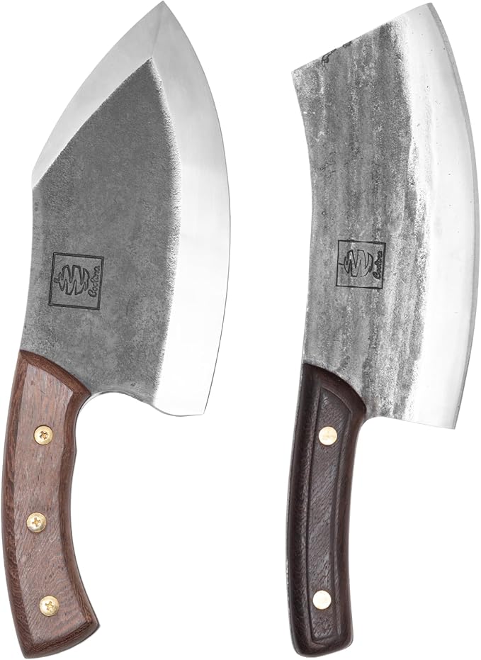 COOLINA Knife Set – Lixy Hand-Forged Butcher Knife & Chef Knife Bundle – Full Tang Carbon Steel Cleaver and Cooking Knife with Wooden Handles – Professional Kitchen & BBQ Knives