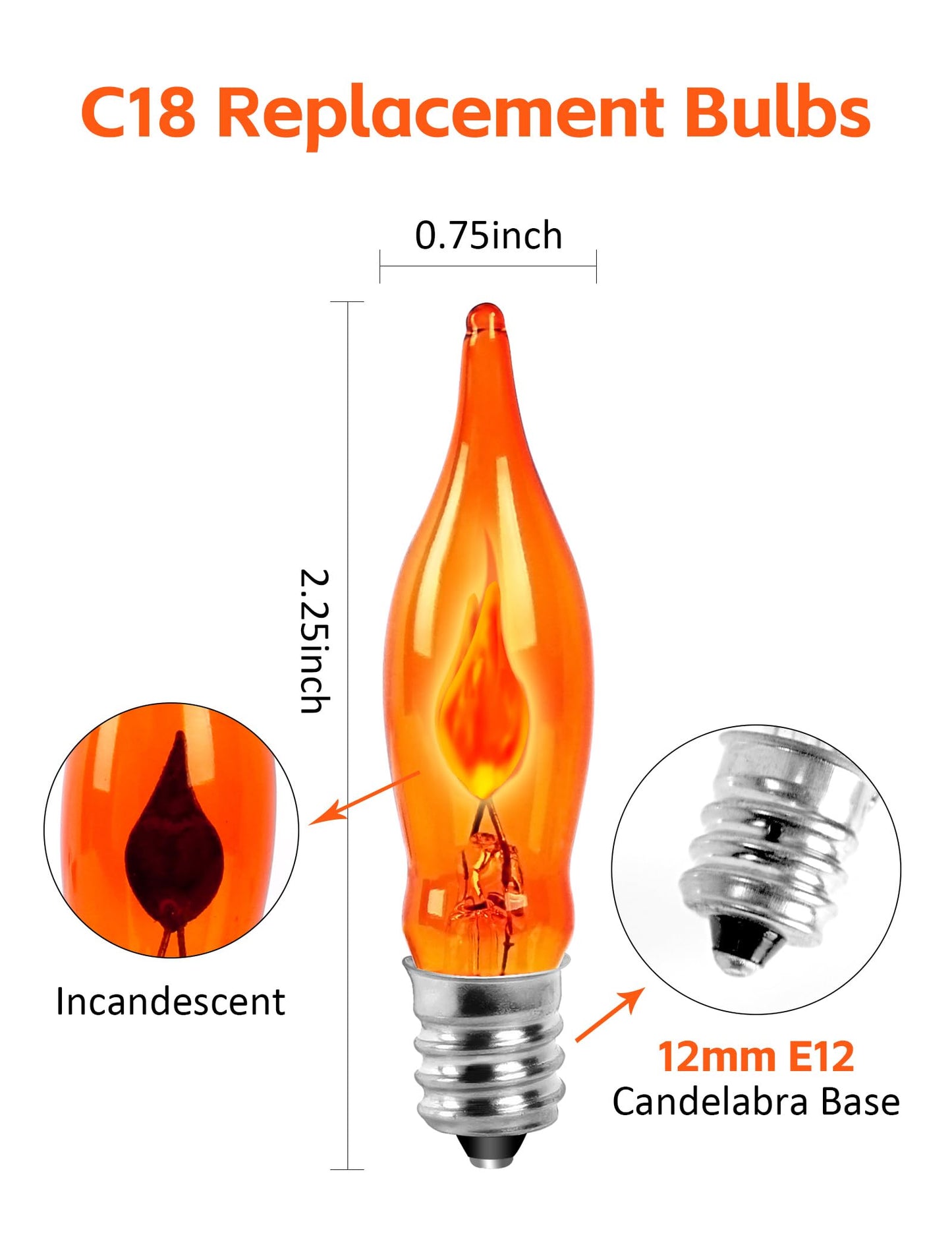 Christmas Orange Flicker Flame Light Bulbs  C18 Led Replacement  1 Watt E12 Candelabra Base  Flickering Flame Night Bulbs For Xmas Tree Outdoor String Lights Window Candles Chandeliers Decor  12Pk