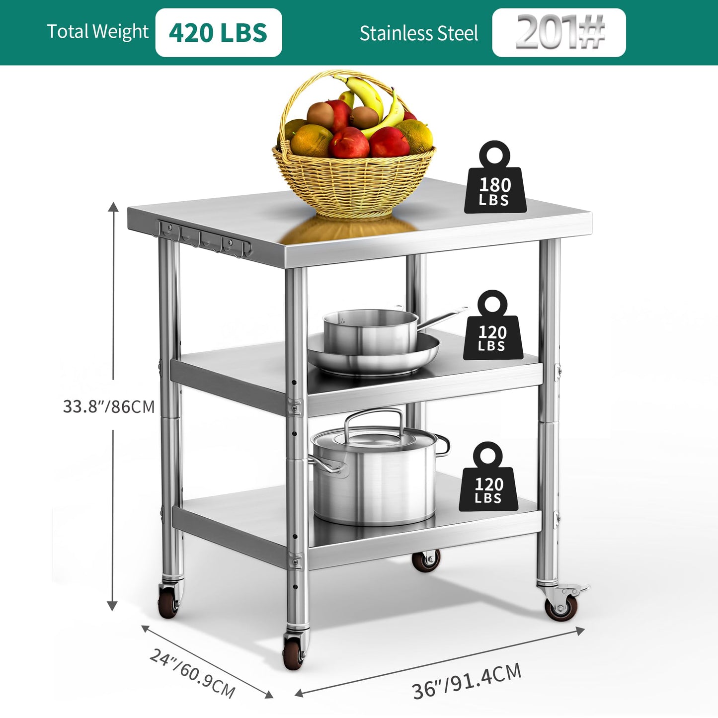 YITAHOME NSF Stainless Steel Table, 36" X 24" Worktable with Wheels, 3 Shelves Metal Prep Workstation for Home Kitchen Restaurant Garage Warehouse Outdoor