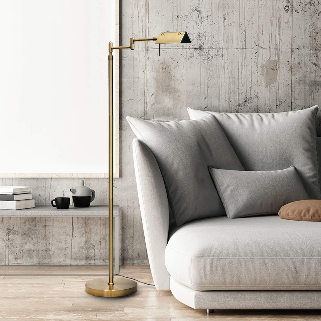 OBright Dimmable LED Floor Lamp, 12W, Adjustable Height, 360° Swing Arms, Antique Brass (Gold), Model OB-FL05D
