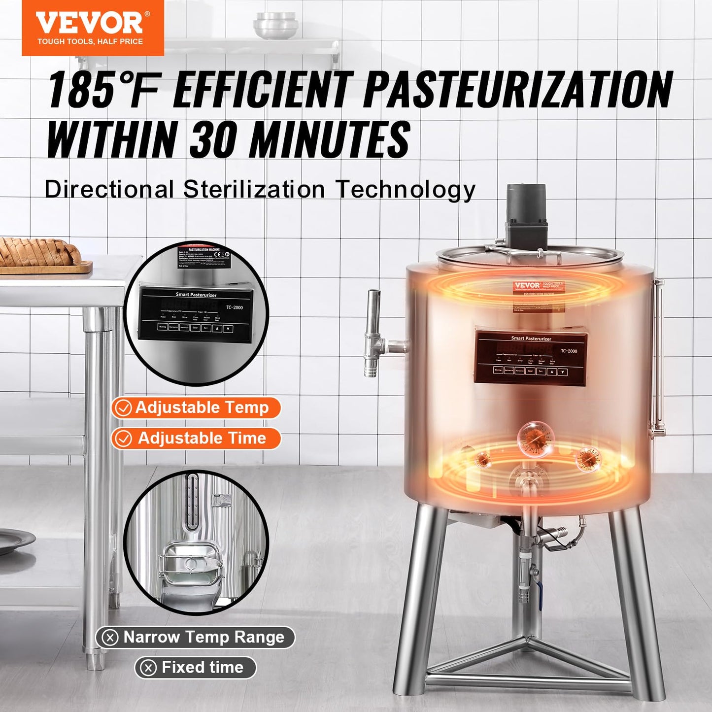 Vevor Milk Pasteurizer 30L, Commercial Milk Pasteurization Machine, Food Grade 304 Stainless Steel, Professional Pasteurization