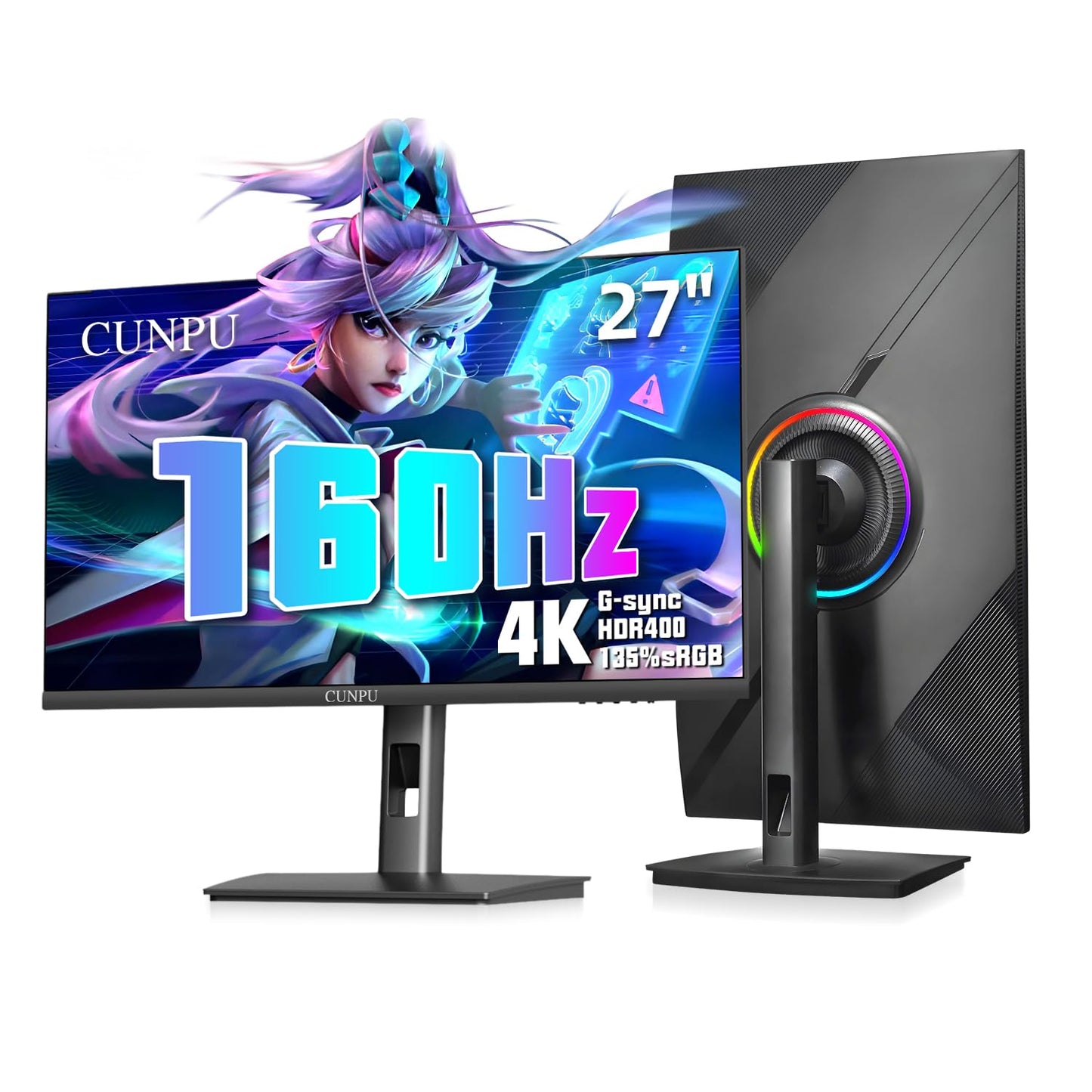CUNPU 27 Inch 4K 144/160Hz Gaming Monitor, UHD 3840x2160 Fast IPS Panel PC Monitor, 135% sRGB, HDR400Nit, Freesync & G-sync, Support PS5 Xbox 4K 120Hz, HDMI 2.1,DP 1.4, Height/Vertical Adjustment