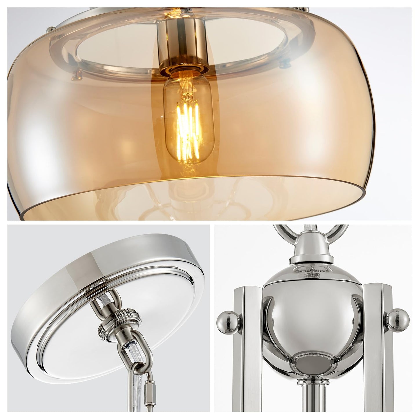 WUZUPS Nickel Chandelier Pendant Light, Amber Glass Shade, E26 Base, H 17in W 13.4in, Rustic Farmhouse Industrial Design