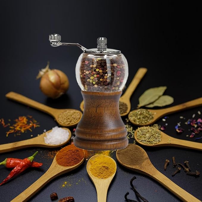 Pepper Mill Set Salt and Pepper Grinder Set Classical Roast Black Manual Pepper Grinder Set 2pcs-5in Hand Shake Salt Mill Walnut Wood Acrylic Ceramic Blades, Enjoy Fresh Pepper Spices