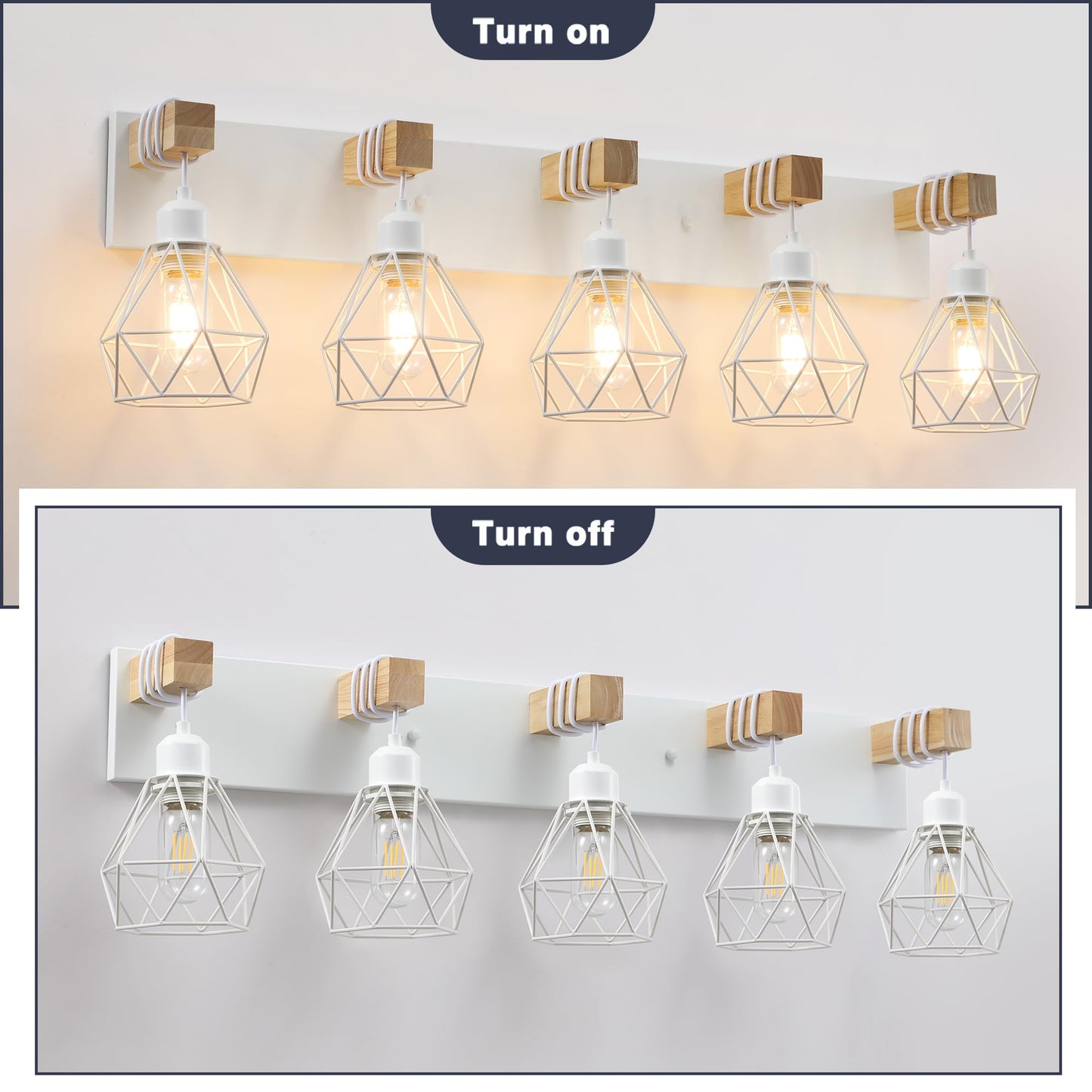 White Bathroom Vanity Light Fixtures, 5-Light Wood Bathroom Light Fixtures Over Mirror, Rustic Sconces Wall Lighting with Elegant Metal Lampshade for Living Room, Bedroom, Hallway