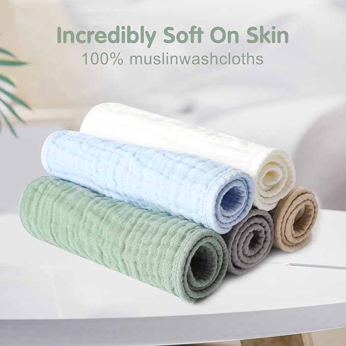 Muslin Burp Cloths Set for Babies 100% Cotton Baby Washcloths, Large 20''x10'' Extra Absorbent and Soft 10 Pack for Boys & Girls Blue Grey Green