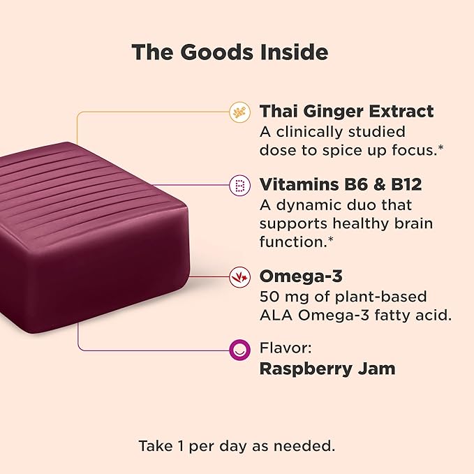OLLY Focused Thinker Brainy Chews, Omega-3 ALA, Vitamins B6 & B12, Plus Thai Ginger Extract for Alertness, Concentration & Cognitive Performance Support, Vegetarian, Raspberry, 20 Count
