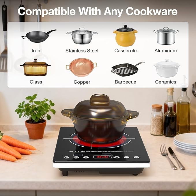 Electric Cooktop 110v,Single Burner Electric Stove Infrared Cooktop Hot Plate 1800W,4-Hour Setting,Black Crystal Glass Surface Compatible for All Cookware