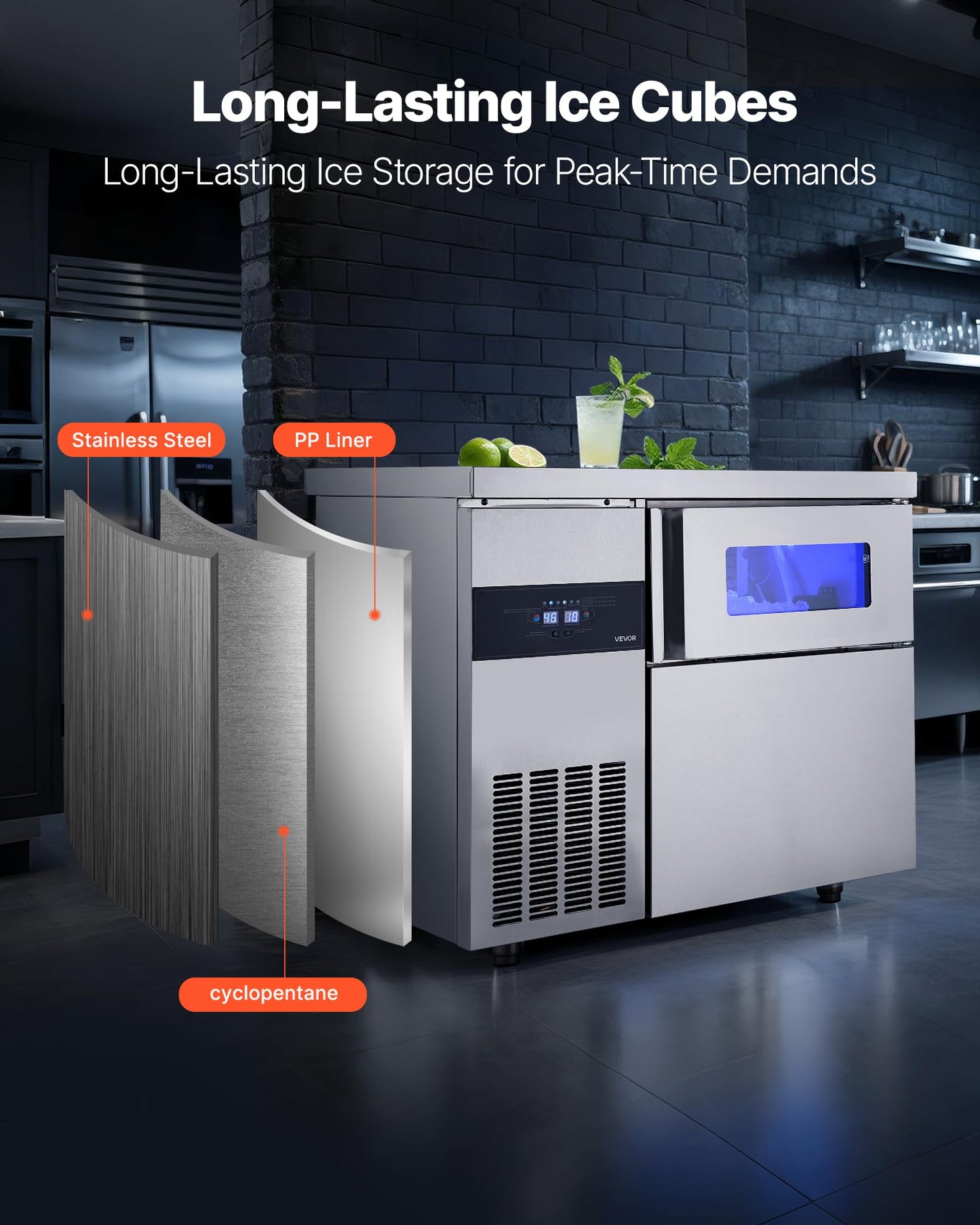 Vevor Commercial Ice Maker Machine, 265 Lbs/24H Stainless Steel Ice Machine With Worktop, 66 Lbs Storage & 126 Cubes/Cycle, Self