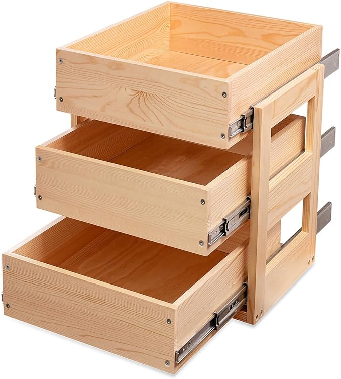 Pull Out Drawers For Cabinets, 14''W×21''D×19''H Soft Close Slide Out Wood Shelves Storage Organizer for Kitchen, 3-Tier, Finished, Heavy-Duty, Bottom Assembly